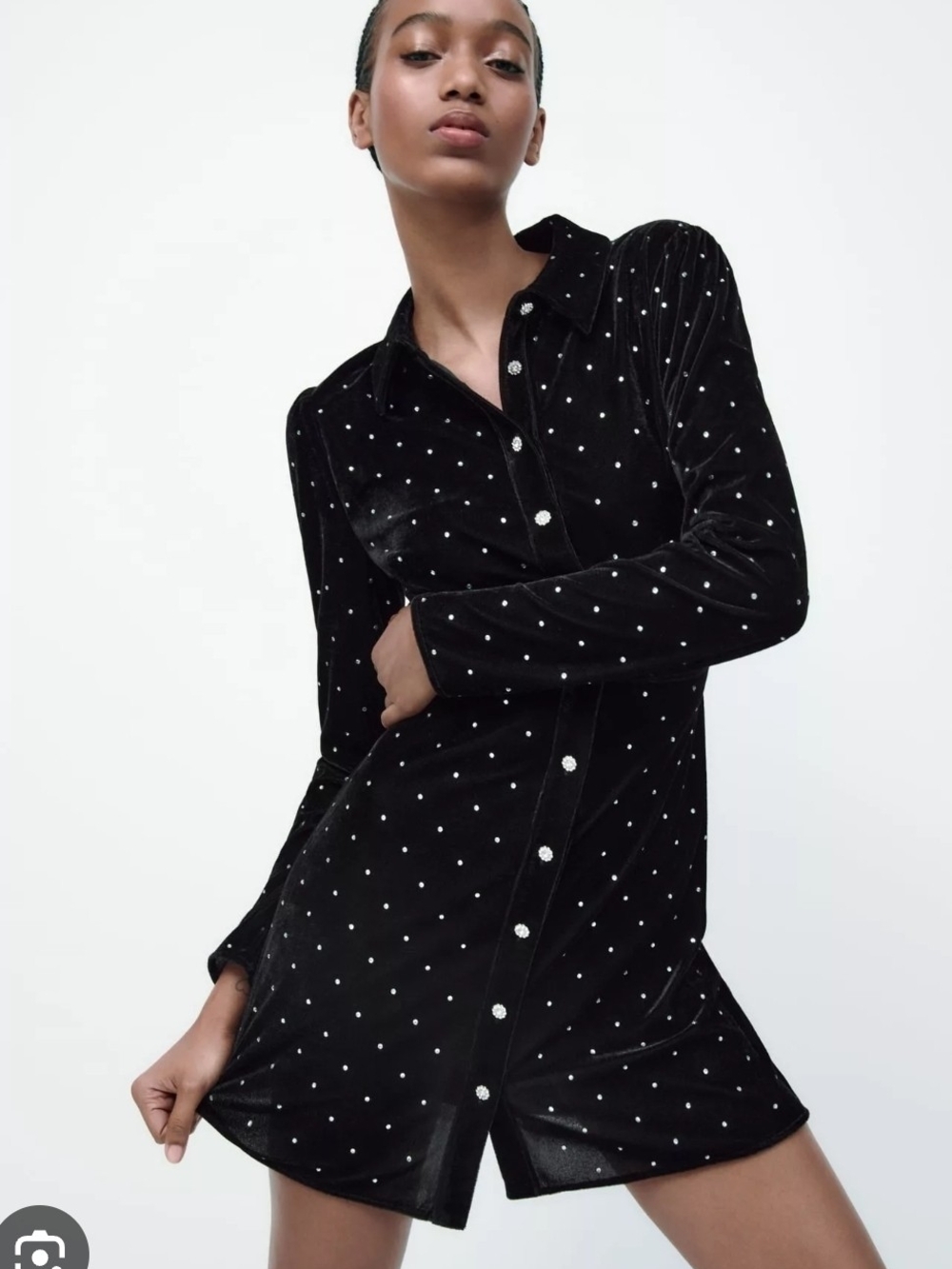 zara verona mini dress long sleeve rhinestones button up black velvet size xs